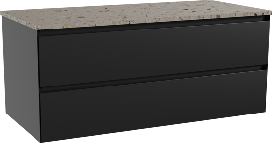 Balmani Mitra hängendes Möbelstück Set: 120 x 55 cm, Schwarz matt, mit Stretto Einzel- oder Doppel Waschtischplatte, Terrazzo in Greige
