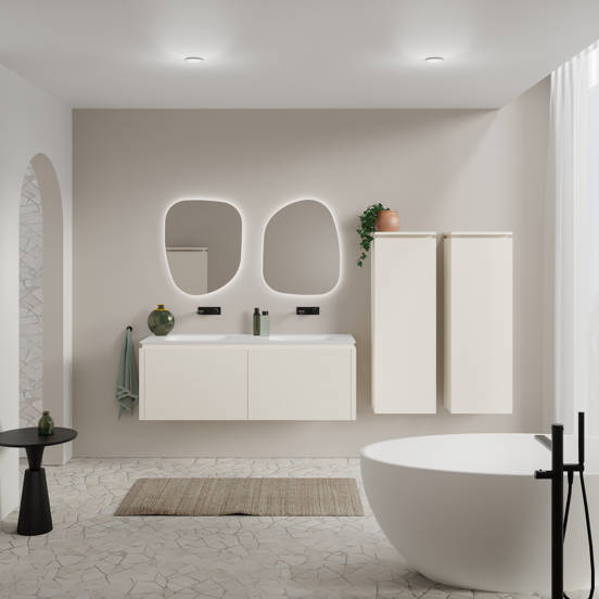 Balmani Eclips zwevend badkamermeubel 150 x 55 cm Sandbeige met Eclips dubbele wastafel in Solid Surface mat wit, Verticale symmetrische rechte ribbel
