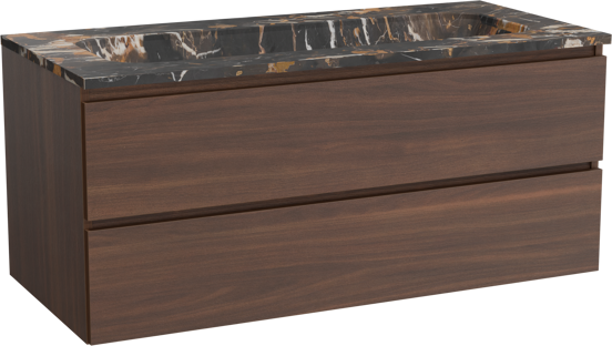 Balmani Lucida meuble salle de bains suspendu 120 x 55 cm noyer américain avec Tablo Arcato lavabo simple pour 2 trous de robinet en marbre portoro gold