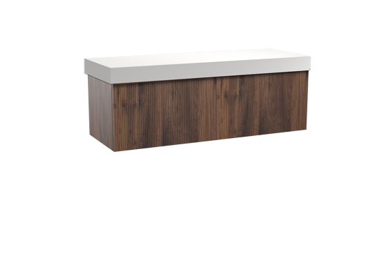 Balmani Forma zwevend badkamermeubel 150 x 55 cm amerikaanse notelaar met Dominus enkel of dubbel tablet in solid surface mat wit, Verticale symmetrische rechte ribbel