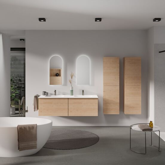 Balmani Forma hängendes Möbelstück Set: 150 x 55 cm, Naturbelassene Eiche, mit Tablo Arcato Doppelwaschtisch, Solid Surface, Weiß matt, Horizontale symmetrische gerade Rippe