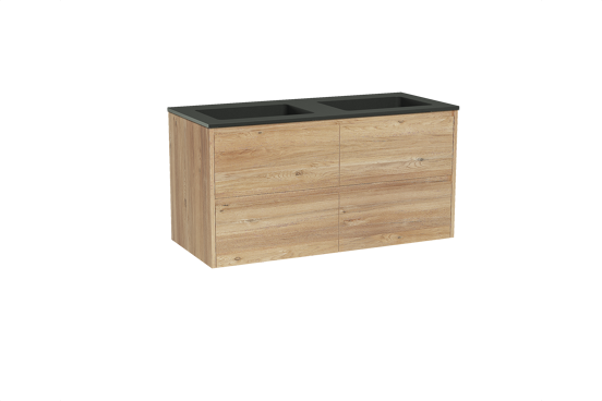 Storke Seda zwevend badmeubel 120 x 52 cm ruw eiken met Scuro dubbele wastafel in kwarts mat zwart