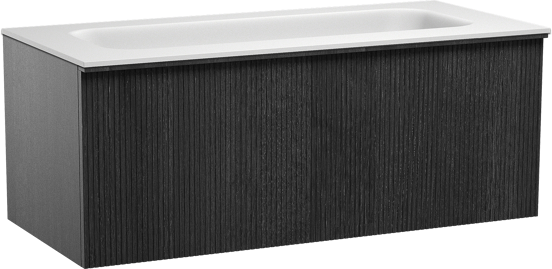 Balmani Forma hängendes Möbelstück Set: 120 x 55 cm, Schwarze Eiche, mit Tablo Arcato Einzelwaschtisch für 2 Armaturenlöcher, Solid Surface, Weiß matt, Vertikale symmetrische gerade Rippe