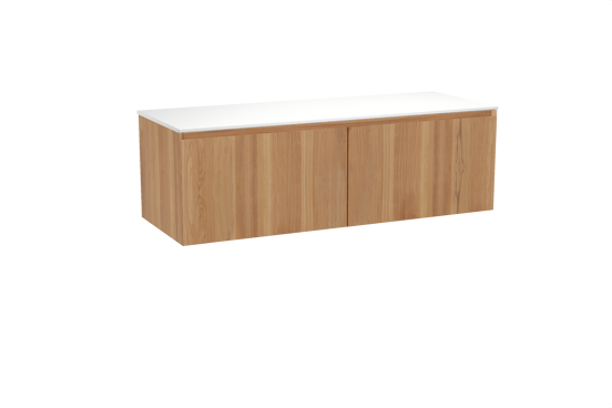 Balmani Idra hängendes Möbelstück Set: 150 x 55 cm, Teak, mit Stretto Einzel- oder Doppel Waschtischplatte, Solid Surface Weiß matt