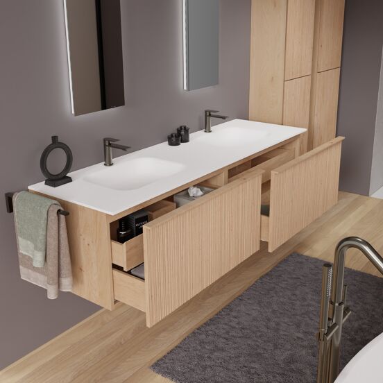 Balmani Forma zwevend badkamermeubel 180 x 55 cm natuur eik met Tablo Arcato dubbele wastafel in solid surface mat wit, Verticale asymmetrische ronde ribbel