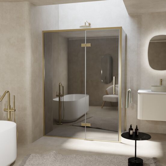 Balmani Senses Design douchehoek met linkse draaideur en vaste zijwand, 140 x 100 cm, Reflex spiegelglas, Brushed Champagne Gold profielen, met coating