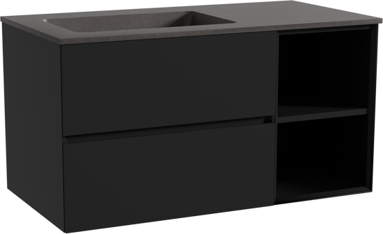 Storke Edge zwevend badmeubel 100 x 52 cm mat zwart met Scuro asymmetrisch linkse wastafel in kwarts mat zwart