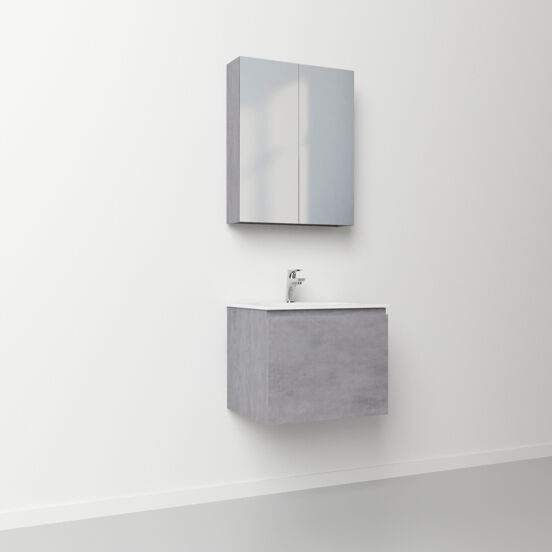 Linie Lado meuble salle de bains suspendu 60 x 46 cm béton gris foncé avec Baro plan simple en porcelaine blanc brillant, Montro armoire de toilette et Mila robinet de lavabo