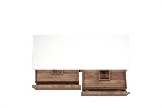 Balmani Forma meuble salle de bains suspendu 150 x 55 cm noyer américain avec Stretto tablette simple ou double en solid surface blanc mat, Nervure circulaire asymétrique verticale