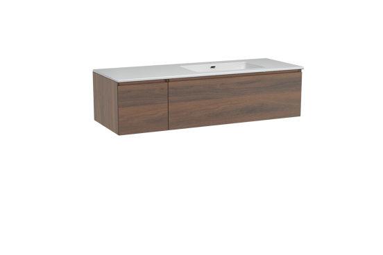 Storke Edge zwevend badkamermeubel 140 x 52 cm notelaar met Diva asymmetrisch rechtse wastafel in composietmarmer glanzend wit