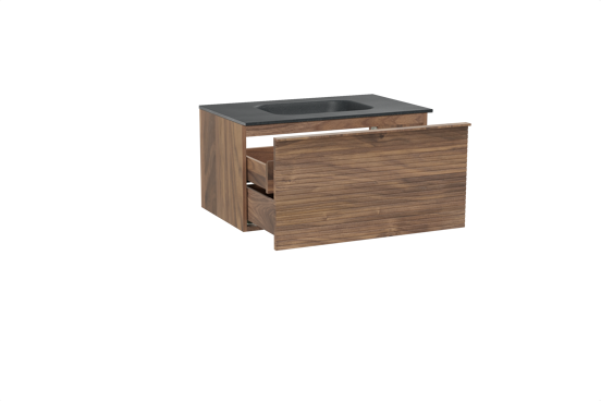 Balmani Forma zwevend badkamermeubel 90 x 55 cm amerikaanse notelaar met Tablo Arcato enkele wastafel in graniet zwart, Horizontale symmetrische rechte ribbel