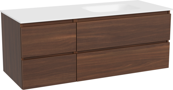 Balmani Lucida meuble salle de bains suspendu 135 x 55 cm noyer américain avec Tablo Arcato vasque asymétrique droite en solid surface blanc mat