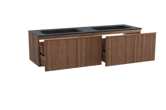 Balmani Forma zwevend badkamermeubel 180 x 55 cm amerikaanse notelaar met Tablo Strada dubbele wastafel in composietmarmer mat zwart, Verticale asymmetrische ronde ribbel