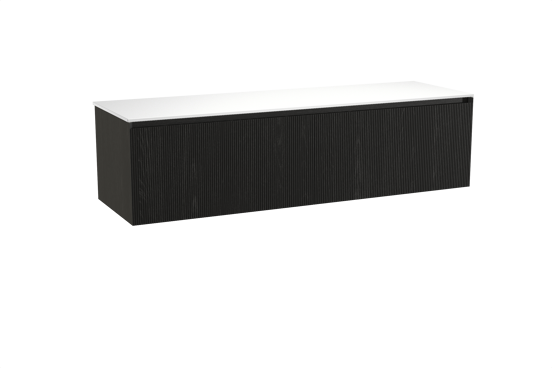 Balmani Fila hängendes Möbelstück Set: 180 x 55 cm, Schwarze Eiche, mit Stretto Einzel- oder Doppel Waschtischplatte, Solid Surface, Weiß matt, Vertikale symmetrische gerade Rippe