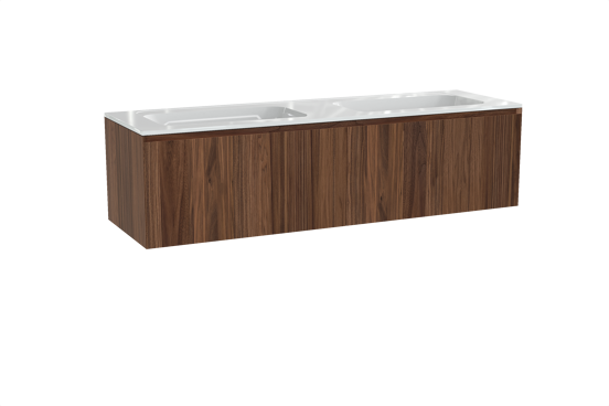 Balmani Idra zwevend badkamermeubel 180 x 55 cm notelaar met Tablo Strada dubbele wastafel in composietmarmer glanzend wit
