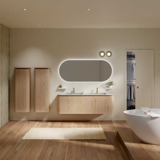 Balmani Moon meuble salle de bains suspendu 160 x 55 cm chêne naturel avec Moon double vasque en top solid soie grise