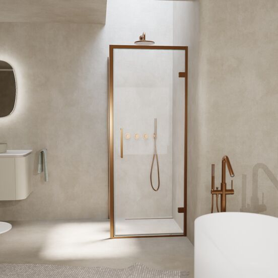 Balmani Senses Design douchecabine met rechtse draaideur en vaste zijwand, 90 x 100 cm, Helder glas, Brushed Rosegold profielen