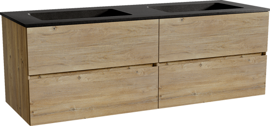 Storke Edge zwevend badkamermeubel 150 x 52 cm ruwe eik met Scuro dubbele wastafel in kwarts mat zwart