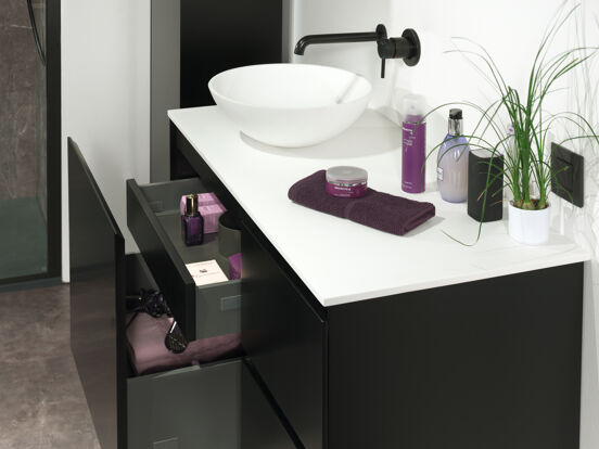 Storke Edge meuble sous-lavabo suspendu 100 x 46 cm asymétrique gauche noir mat 3 tiroirs