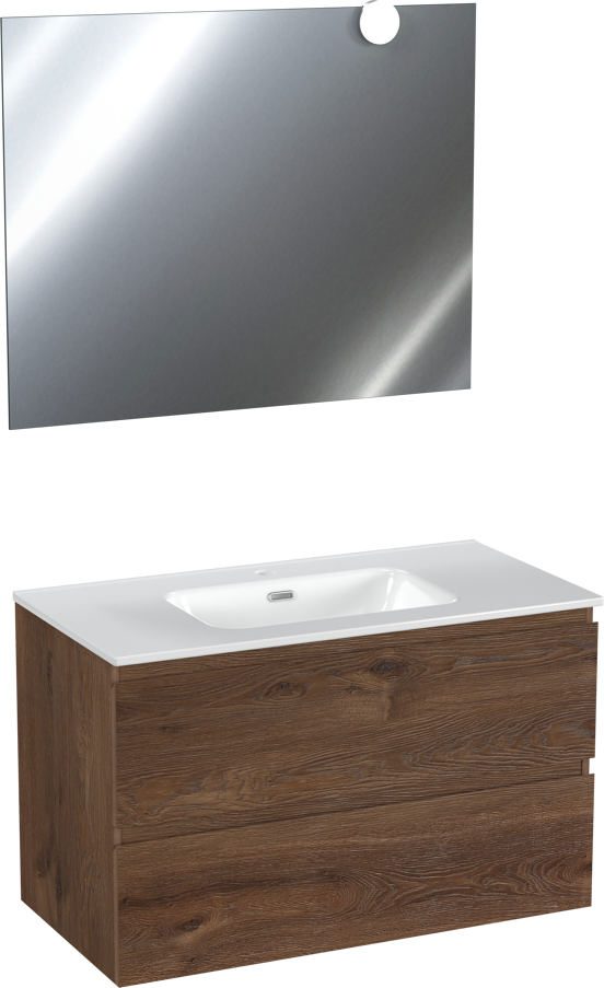Linie Lado meuble de salle de bains suspendu 90 x 46 cm chêne brun avec Baro plan simple en porcelaine blanc brillant et Vista miroir avec Globe luminaire