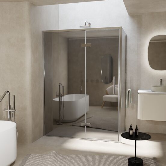 Balmani Senses Design douchehoek met linkse draaideur en vaste zijwand, 140 x 80 cm, Reflex spiegelglas, Chroom profielen, met coating