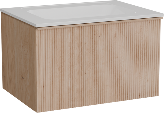 Balmani Forma zwevend badkamermeubel 75 x 55 cm natuur eik met Tablo Strada enkele wastafel in composietmarmer glanzend wit, Verticale symmetrische rechte ribbel