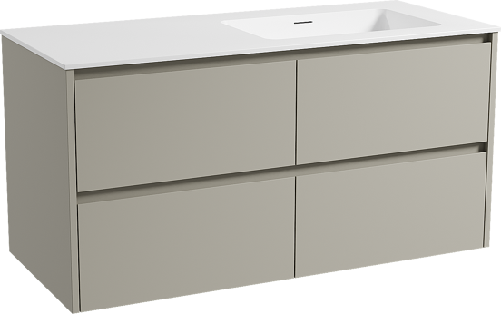 Storke Seda zwevend badmeubel 120 x 52 cm zijdegrijs met Mata asymmetrisch rechtse wastafel in solid surface mat wit