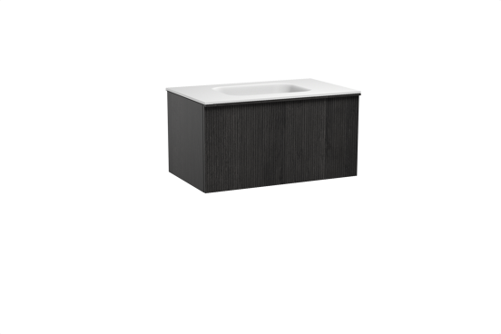Balmani Forma hängendes Möbelstück Set: 90 x 55 cm, Schwarze Eiche, mit Tablo Arcato Einzelwaschtisch, Solid Surface, Weiß matt, Vertikale symmetrische gerade Rippe