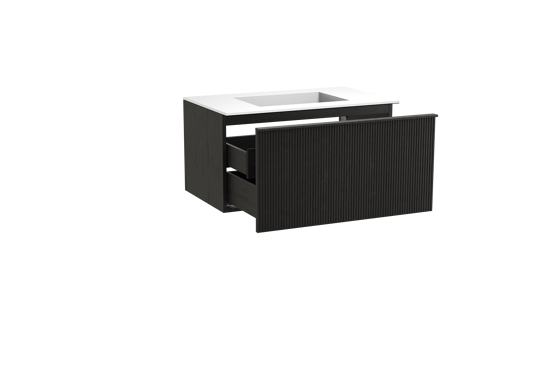 Balmani Forma zwevend badkamermeubel 90 x 55 cm zwarte eik met Tablo Stretto enkele wastafel in solid surface mat wit, Verticale symmetrische rechte ribbel