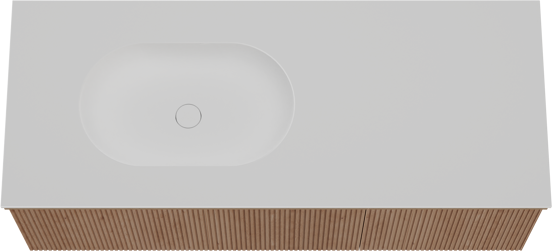 Balmani Forma meuble salle de bains suspendu 135 x 55 cm chêne naturel avec Tablo Oval vasque asymétrique gauche en solid surface blanc mat, Nervure droite symétrique verticale