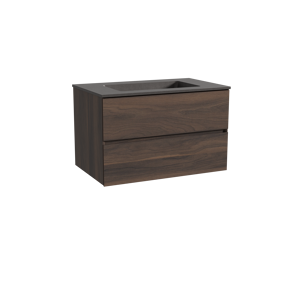 Storke Edge zwevend badkamermeubel 85 x 52 cm notelaar met Scuro enkele wastafel in kwarts mat zwart