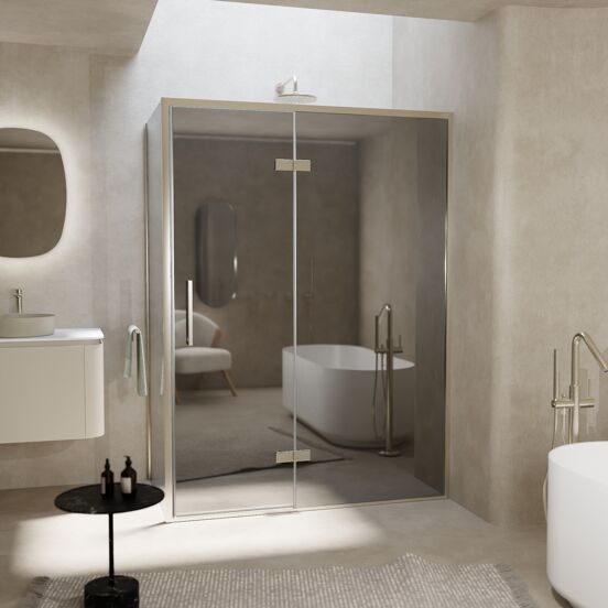 Balmani Senses Design douche en coin avec porte pivotante à droite et paroi latérale fixe, 140 x 100 cm, Miroir Reflex, Profil Brushed CoolMetal, coating inclus