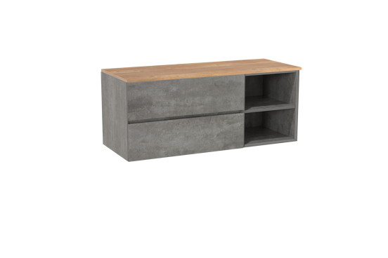 Storke Edge zwevend badmeubel 130 x 52 cm beton donkergrijs met Panton enkel of dubbel wastafelblad in melamine ruw eiken