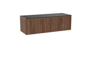 Balmani Fila zwevend badkamermeubel 150 x 55 cm notelaar met Stretto enkel of dubbel tablet in graniet zwart, Verticale symmetrische rechte ribbel