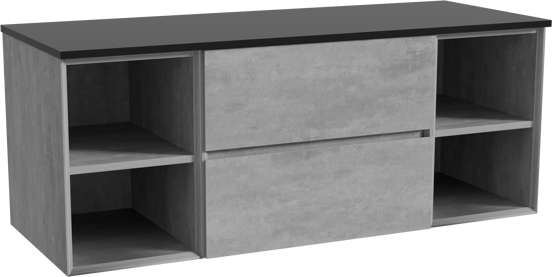 Storke Edge meuble salle de bains suspendu 135 x 52 cm béton gris foncé avec Panton tablette simple ou double en mdf enduit de poudre noir mat