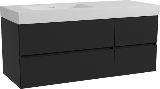 Storke Edge zwevend badmeubel 130 x 52 cm mat zwart met Mata High asymmetrisch linkse wastafel in solid surface mat wit