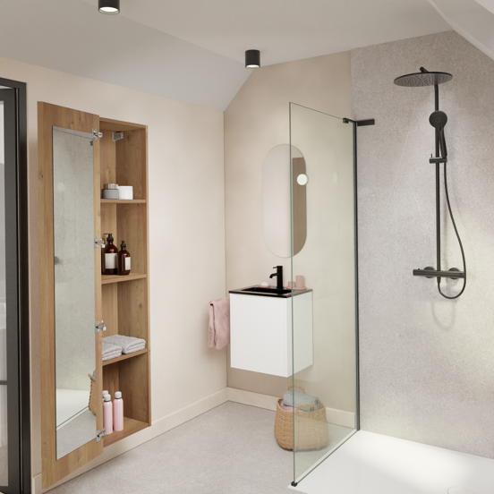 Storke Seda meuble salle de bains suspendu 45 x 35 cm blanc mat avec Scuro plan simple en quartz noir mat
