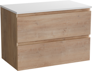 Linie Lado zwevend badkamermeubel 80 x 46 cm natuur eik met Lado enkel tablet in composietmarmer mat wit