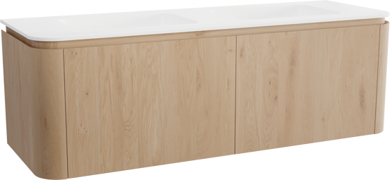Balmani Moon zwevend badkamermeubel 160 x 55 cm natuur eik met Moon dubbele wastafel in solid surface mat wit