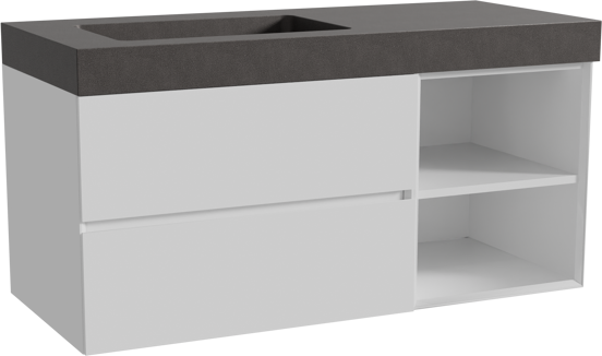 Storke Edge zwevend badkamermeubel 120 x 52 cm glanzend wit met Scuro High asymmetrisch linkse wastafel in kwarts mat zwart