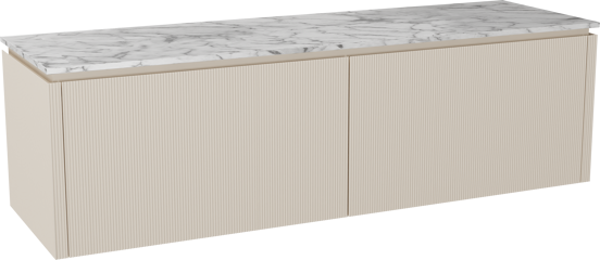 Balmani Eclips zwevend badkamermeubel 180 x 55 cm Sandbeige met Stretto enkel of dubbel tablet in Carrara marmer, Verticale symmetrische rechte ribbel