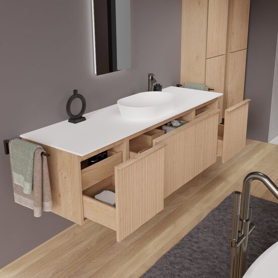 Balmani Forma zwevend badmeubel 180 x 55 cm naturel eiken met Stretto enkel of dubbel wastafelblad in solid surface mat wit, Verticale asymmetrische ronde ribbel