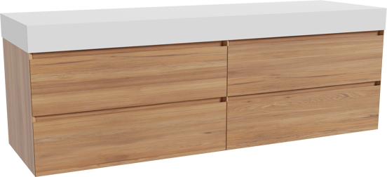 Balmani Mitra zwevend badkamermeubel 180 x 55 cm teak met Dominus enkel of dubbel tablet in solid surface mat wit
