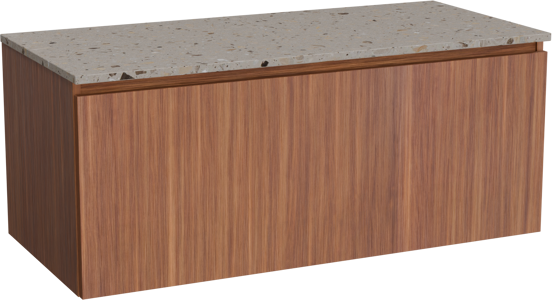 Balmani Sfera hängendes Möbelstück Set: 120 x 55 cm, Amerikanischer Nussbaum, mit Stretto Einzel- oder Doppel Waschtischplatte, Terrazzo in Greige