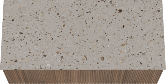 Balmani Forma hängendes Möbelstück Set: 120 x 55 cm, Amerikanischer Nussbaum, mit Stretto Einzel- oder Doppel Waschtischplatte, Terrazzo in Greige, Vertikale symmetrische gerade Rippe