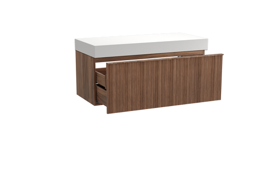 Balmani Forma hängendes Möbelstück Set: 120 x 55 cm, Amerikanischer Nussbaum, mit Dominus Einzel- oder Doppel Waschtischplatte, Solid Surface, Weiß matt, Vertikale asymmetrische Runde Rippe
