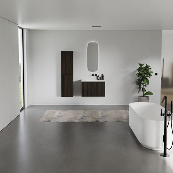 Balmani Sfera meuble salle de bains suspendu 75 x 55 cm eucalyptus avec Tablo Arcato plan simple en solid surface blanc mat