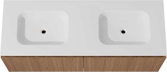 Balmani Eclips zwevend badkamermeubel 150 x 55 cm Teak met Eclips dubbele wastafel in Solid Surface mat wit, Verticale symmetrische rechte ribbel