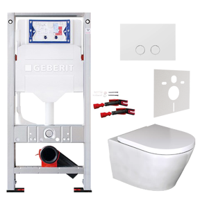 Luca Varess Calibro wc suspendu blanc brillant sans rebord avec abattant medio et Geberit Sigma réservoir de chasse encastré UP320 avec cadre Burda avec plaque de commande