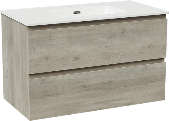 Linie Lado meuble salle de bains suspendu 90 x 46 cm chêne gris avec Baro plan simple en porcelaine blanc brillant